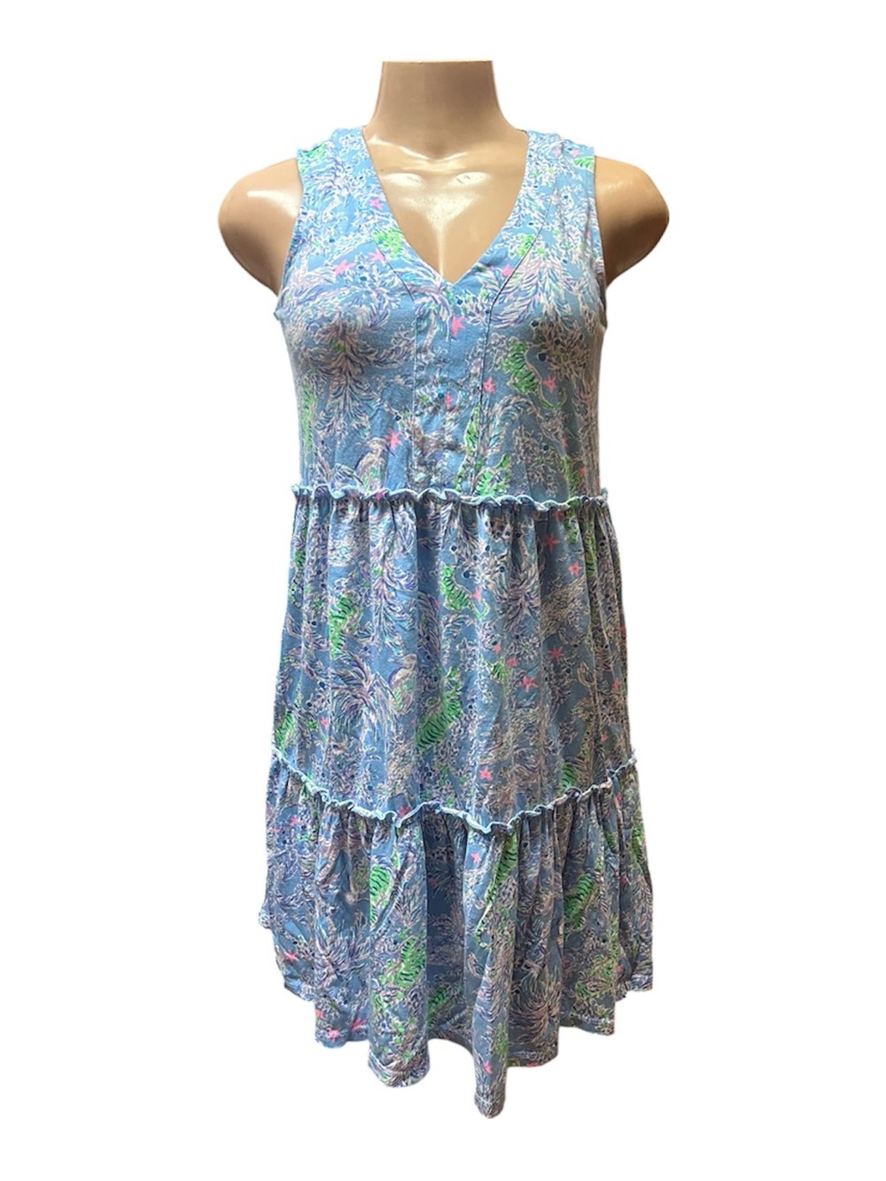 Lilly Pulitzer Light Blue Tropical Print Dress with Gold Logo